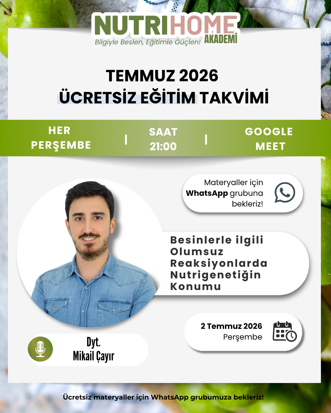 Nutrihome Akdemi Ücretsiz Eğitimler | ‘Besinlerle İlgili Olumsuz Reaksiyonlarda Nutrigenetiğin Konumu’ Eğitmen İmzalı Katılım Belgesi